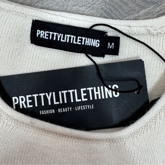 Pretty Little Thing Ribbed Knit Racer Back Crop Tank Top Cream Medium - Picture 9 of 12